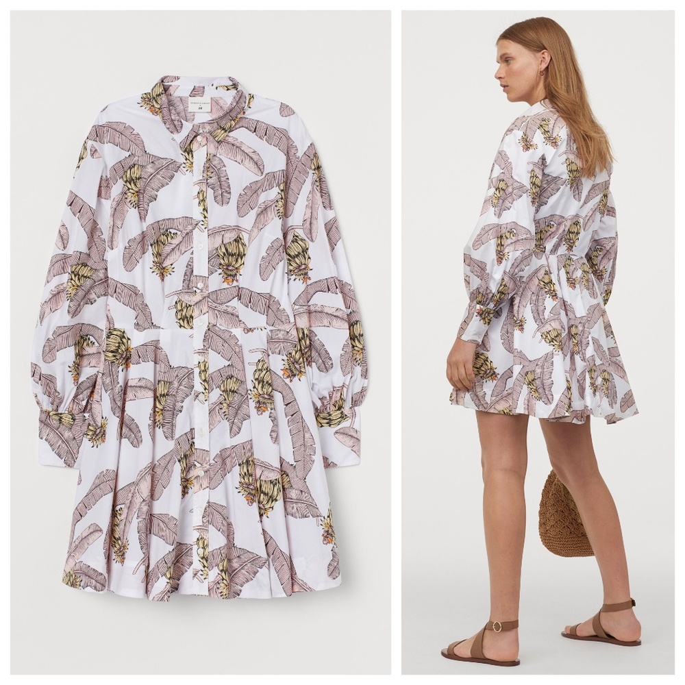 Desmond & Dempsey x H&M Banana Leaves Print Baloon Long Sleeve Pink Dress 3XS
